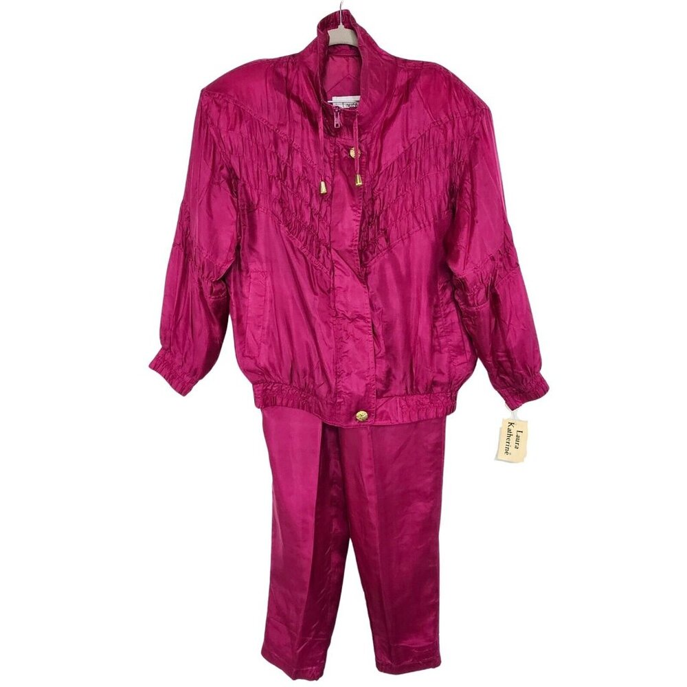 Vintage Laura Katherine Womens Silk Tracksuit Set Size S Magenta Retro 70s 80s